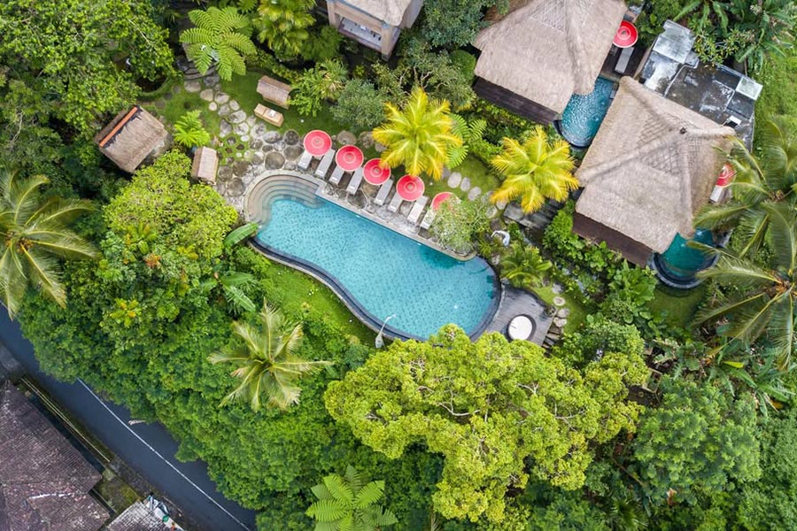 Panoramic aerial view of Puri Gangga Resort in the heart of Bali’s nature